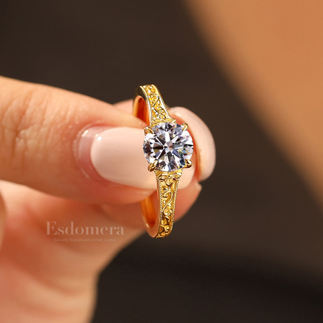 4 Prongs Solitaire Round Lab Grown Diamond Ring Vintage 14K Engraved Floral Women Ring (IGI Certified) -  Esdomera.com