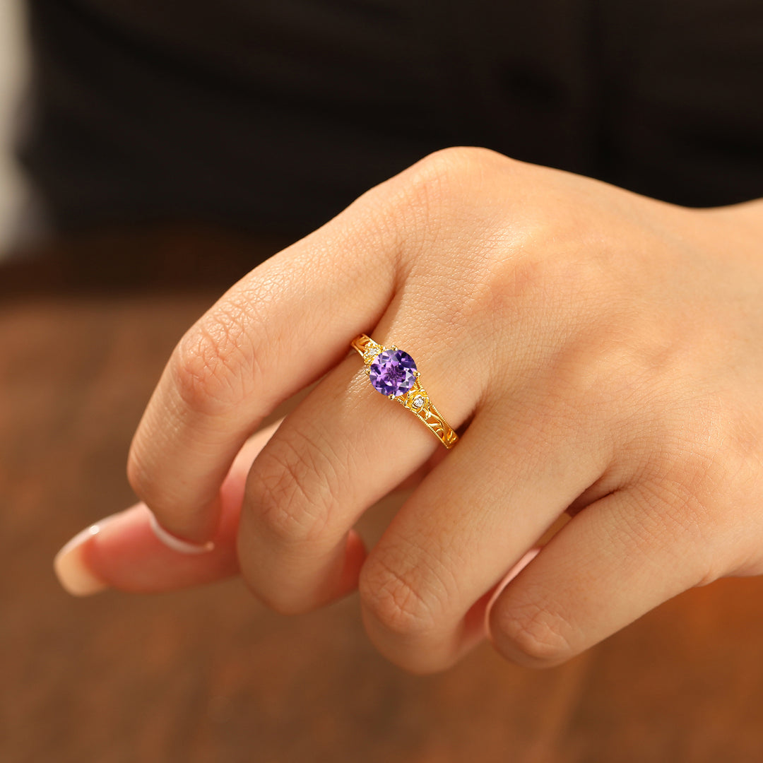 Baroque-inspired Round Amethyst Wedding Ring 14K Solid Gold Leaf Floral Engagement Ring