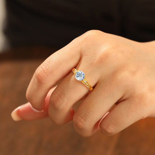 Vintage Floral Style Round Aquamarine Engagement Ring Openwork Solid Yellow Gold Wedding Ring