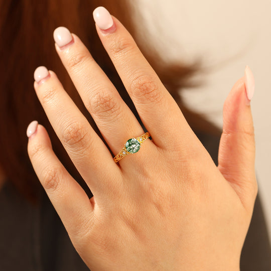 14K Yellow Gold Round Moss Agate Wedding Ring Baroque-inspired Leaf Vine Bridal Ring