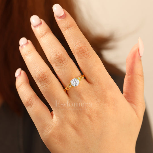 Openwork Floral Design 1ct Rund Moissanit Verlobungsring Vintage Weinrebe Moissanit Ring