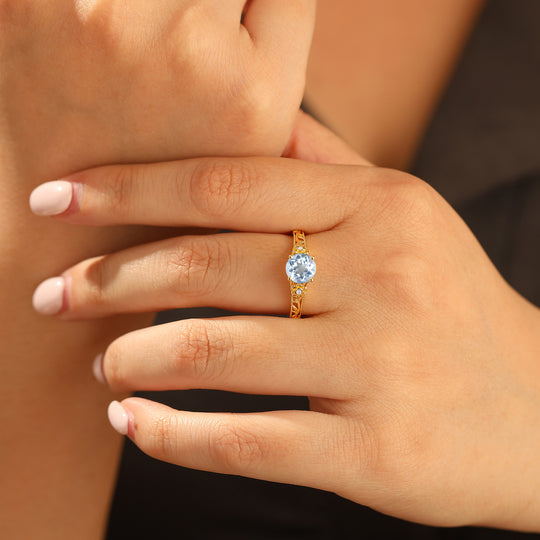 Vintage Floral Style Round Aquamarine Engagement Ring Openwork Solid Yellow Gold Wedding Ring