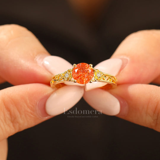 14K Yellow Gold Round Sunstone Wedding Ring Baroque-inspired Leaf Vine Bridal Ring