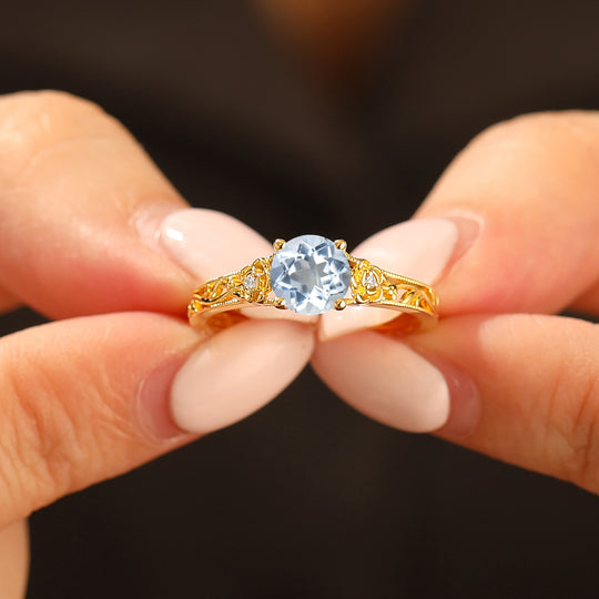 Vintage Floral Style Round Aquamarine Engagement Ring Openwork Solid Yellow Gold Wedding Ring