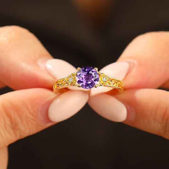 Baroque-inspired Round Amethyst Wedding Ring 14K Solid Gold Leaf Floral Engagement Ring