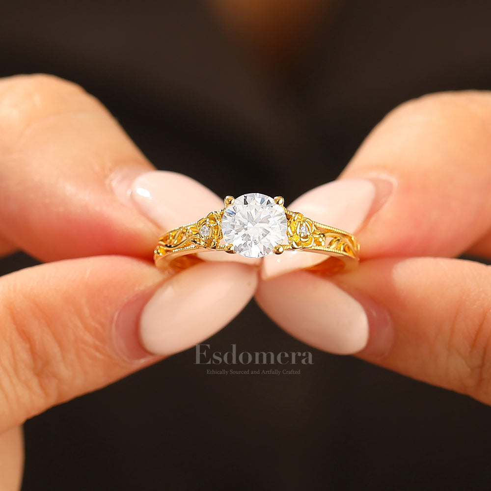 Openwork Floeal Design 1ct Round Moissanite Engagement Ring Vintage Vine Moissanite Ring