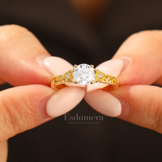 Openwork Floral Design 1ct Rund Moissanit Verlobungsring Vintage Weinrebe Moissanit Ring