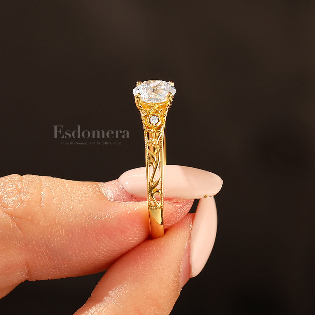 Openwork Floral Design 1ct Rund Moissanit Verlobungsring Vintage Weinrebe Moissanit Ring