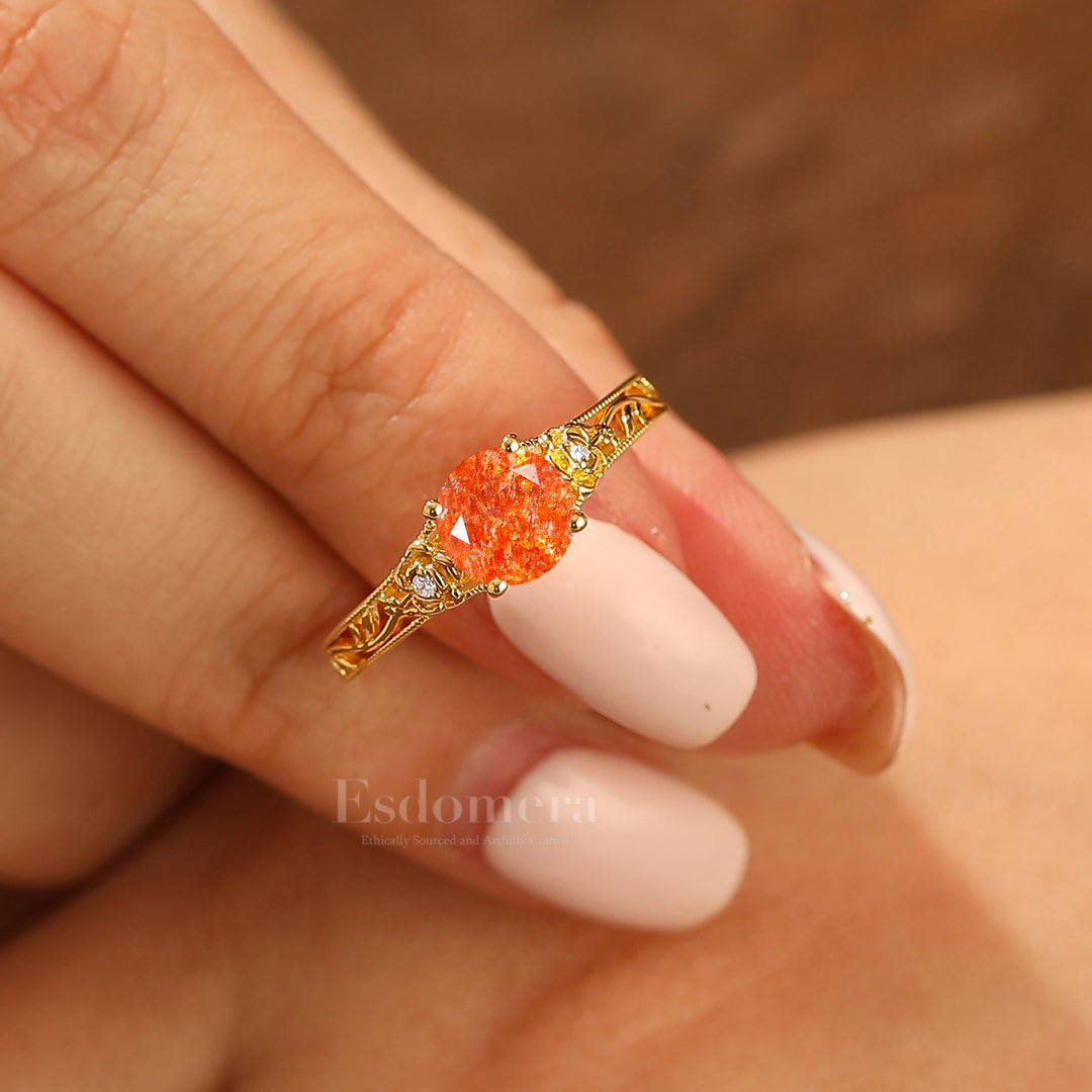 14K Yellow Gold Round Sunstone Wedding Ring Baroque-inspired Leaf Vine Bridal Ring