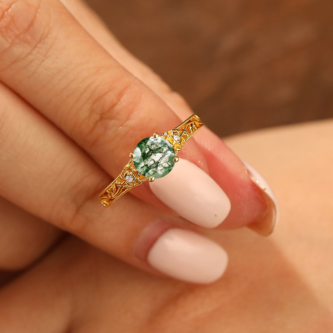 14K Yellow Gold Round Moss Agate Wedding Ring Baroque-inspired Leaf Vine Bridal Ring
