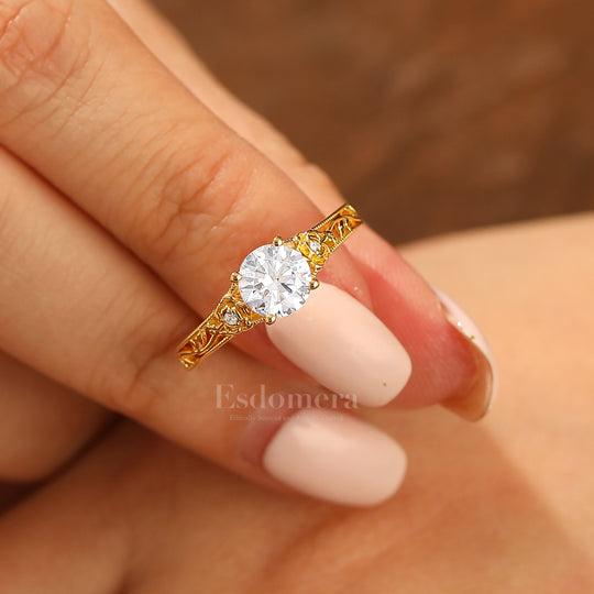 Openwork Floral Design 1ct Rund Moissanit Verlobungsring Vintage Weinrebe Moissanit Ring