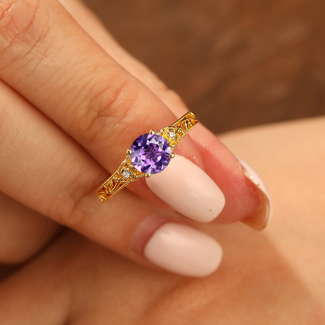 Baroque-inspired Round Amethyst Wedding Ring 14K Solid Gold Leaf Floral Engagement Ring