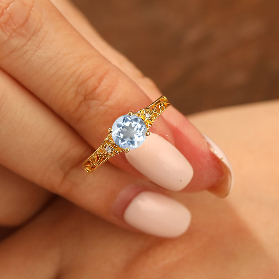 Vintage Floral Style Round Aquamarine Engagement Ring Openwork Solid Yellow Gold Wedding Ring