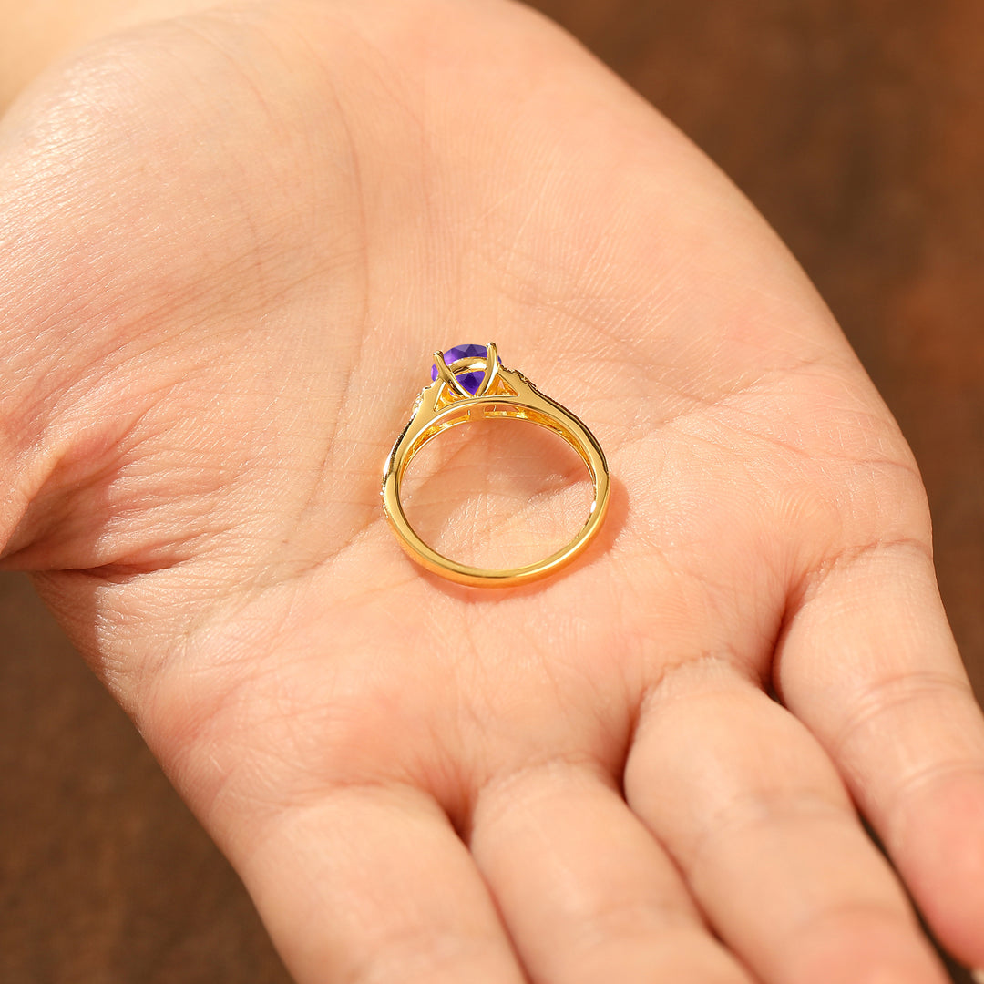 Baroque-inspired Round Amethyst Wedding Ring 14K Solid Gold Leaf Floral Engagement Ring
