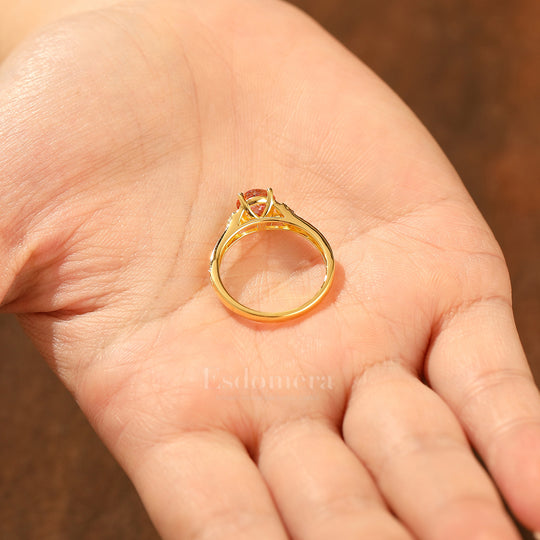 14K Yellow Gold Round Sunstone Wedding Ring Baroque-inspired Leaf Vine Bridal Ring