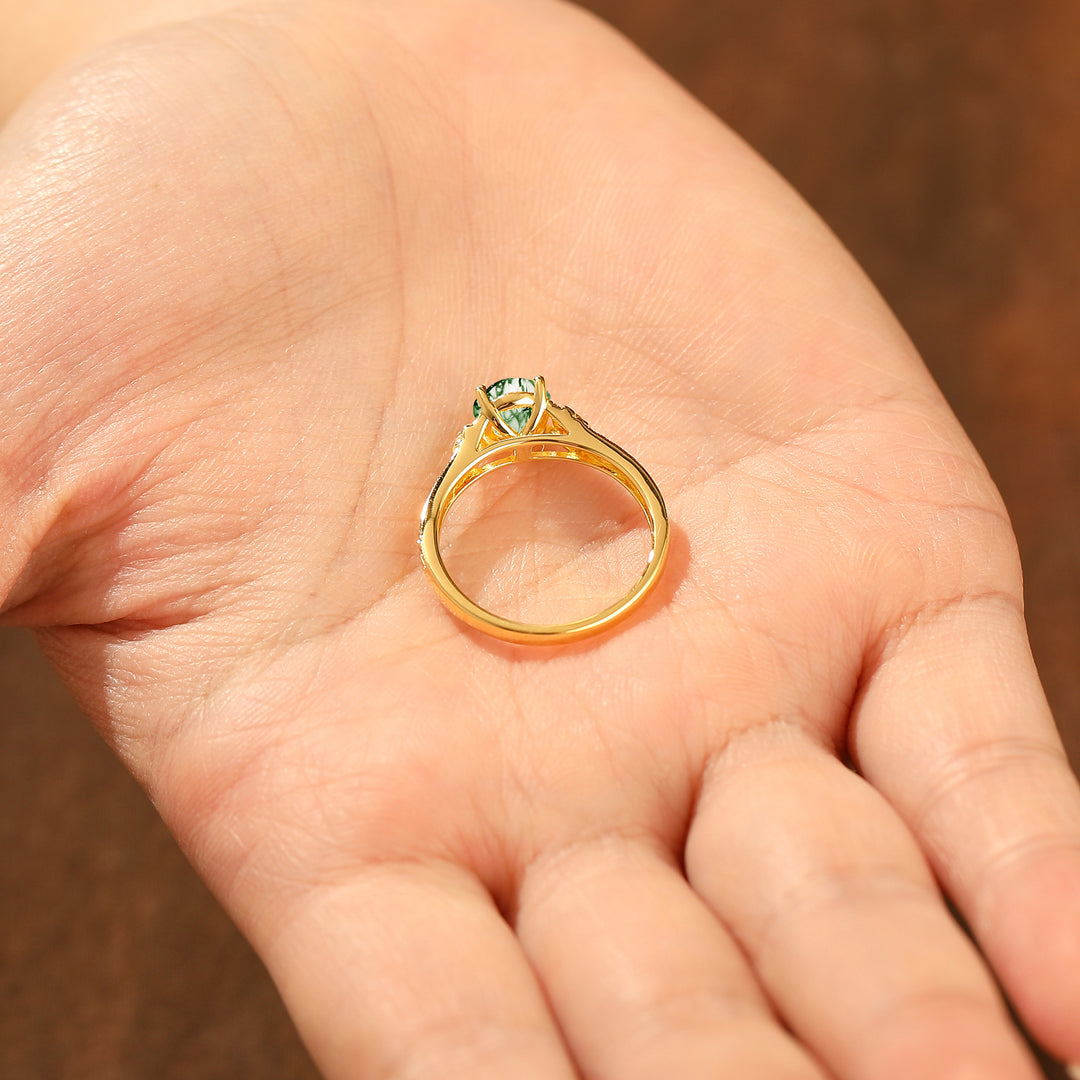 14K Yellow Gold Round Moss Agate Wedding Ring Baroque-inspired Leaf Vine Bridal Ring
