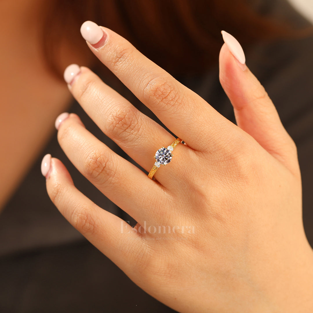 Vintage Milgrain Round Lab Grown Diamond Ring 14K Yellow Gold Bridal Ring (IGI Certified)