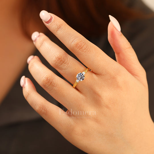 Vintage Milgrain Round Lab Grown Diamond Ring 14K Yellow Gold Bridal Ring (IGI Certified)