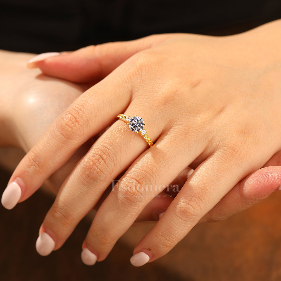 Vintage Milgrain Round Lab Grown Diamond Ring 14K Yellow Gold Bridal Ring (IGI Certified)