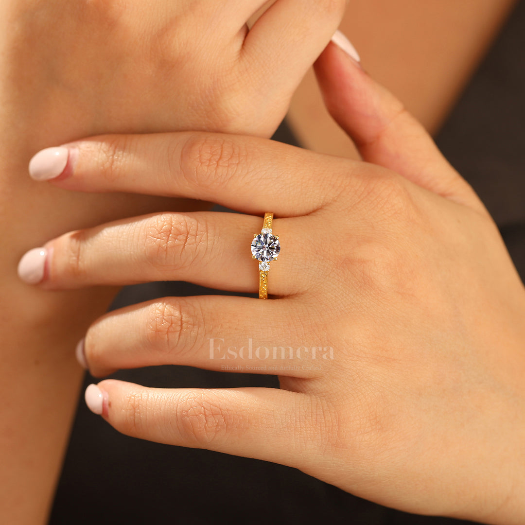 Vintage Milgrain Round Lab Grown Diamond Ring 14K Yellow Gold Bridal Ring (IGI Certified)