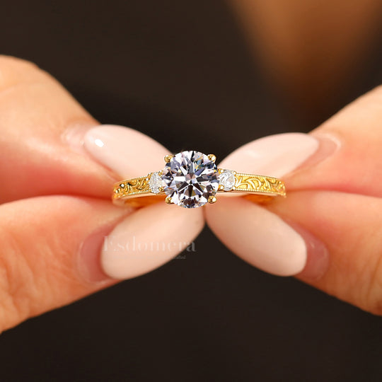 Vintage Milgrain Round Lab Grown Diamond Ring 14K Yellow Gold Bridal Ring (IGI Certified)