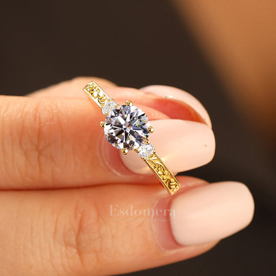 Vintage Milgrain Round Lab Grown Diamond Ring 14K Yellow Gold Bridal Ring (IGI Certified)