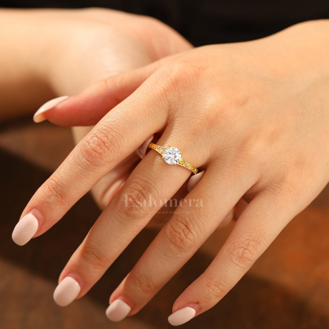 14K Vintage Rund Solitär Gelbgold Moissanit Verlobungsring Filigran Ehering