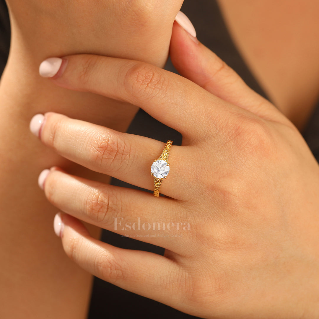 14K Vintage Rund Solitär Gelbgold Moissanit Verlobungsring Filigran Ehering