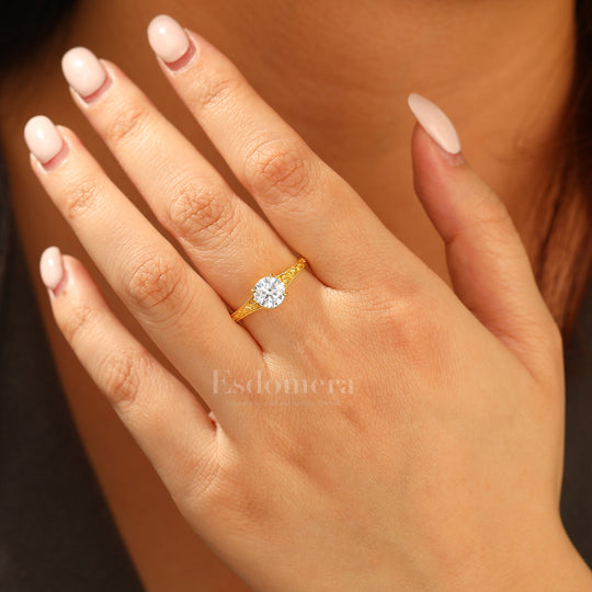 14K Vintage Rund Solitär Gelbgold Moissanit Verlobungsring Filigran Ehering