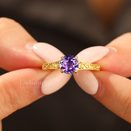 14K Vintage Round Solitaire Yellow Gold Amethyst Engagement Ring Filigree Ring