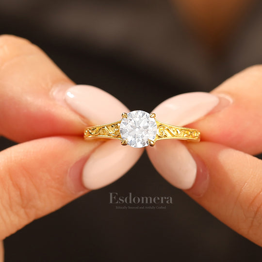 14K Vintage Rund Solitär Gelbgold Moissanit Verlobungsring Filigran Ehering