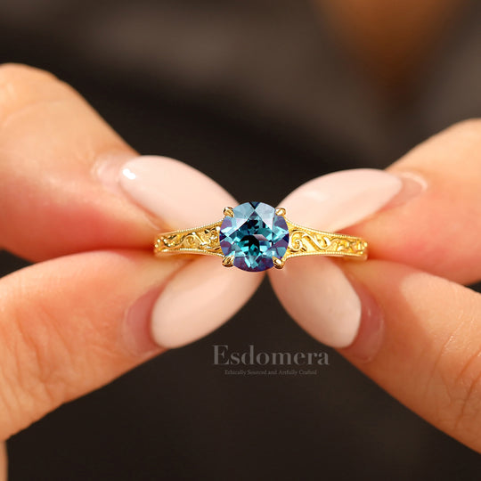 14K Vintage  Round  Solitaire Yellow Gold Alexandrite Engagement Ring Filigree Ring