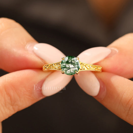 14K Vintage Round Solitaire Yellow Gold Moss Agate Engagement Ring Filigree Ring