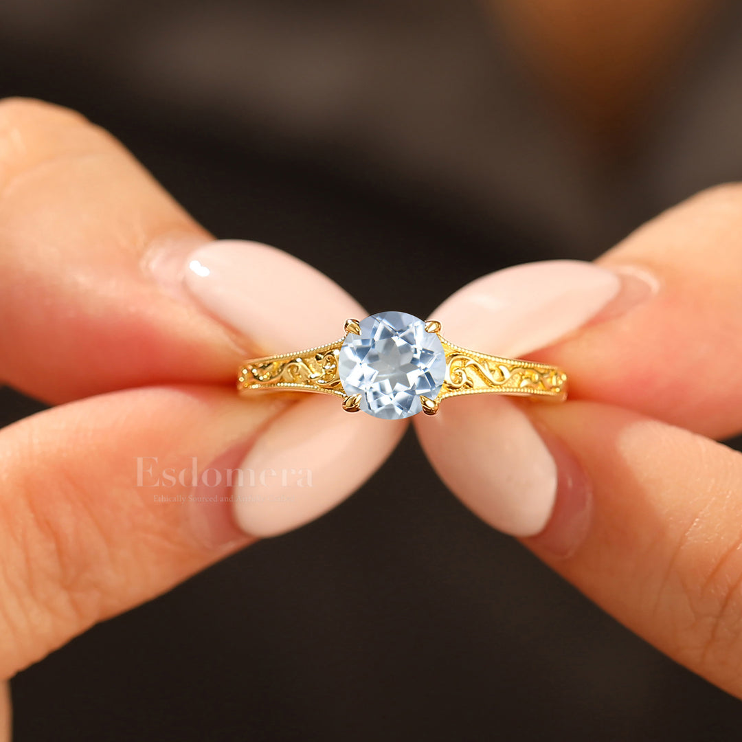 14K Vintage  Round  Solitaire Yellow Gold Aquamarine Engagement Ring Filigree Ring