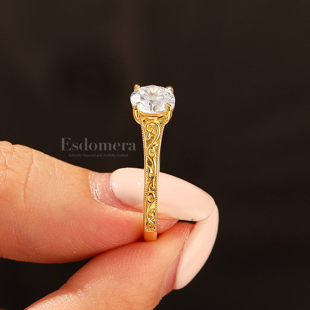 14K Vintage Rund Solitär Gelbgold Moissanit Verlobungsring Filigran Ehering