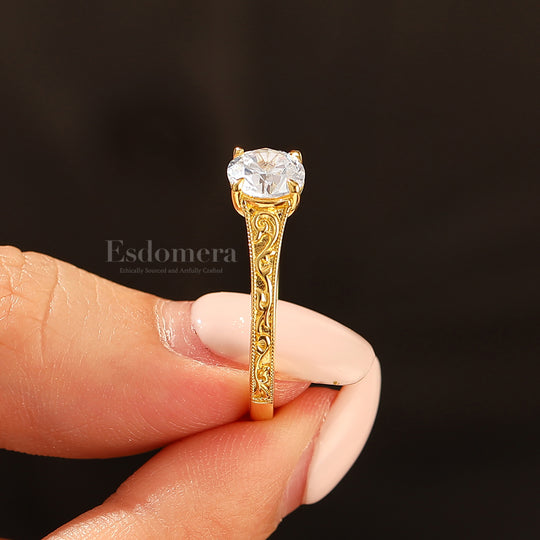 14K Vintage Rund Solitär Gelbgold Moissanit Verlobungsring Filigran Ehering