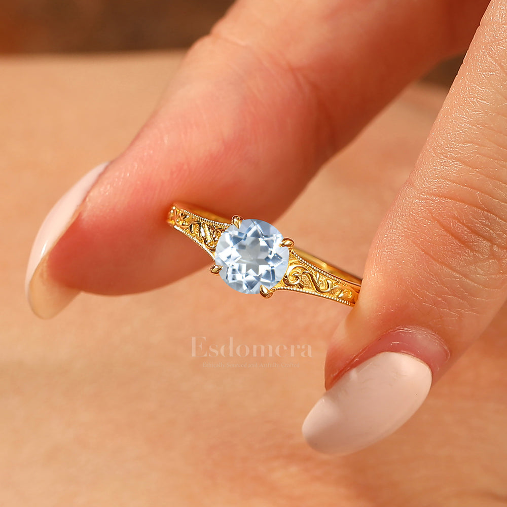 14K Vintage  Round  Solitaire Yellow Gold Aquamarine Engagement Ring Filigree Ring