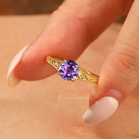 14K Vintage Round Solitaire Yellow Gold Amethyst Engagement Ring Filigree Ring