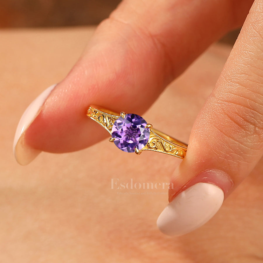 14K Vintage Round Solitaire Yellow Gold Amethyst Engagement Ring Filigree Ring