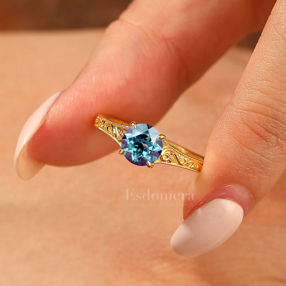 14K Vintage  Round  Solitaire Yellow Gold Alexandrite Engagement Ring Filigree Ring