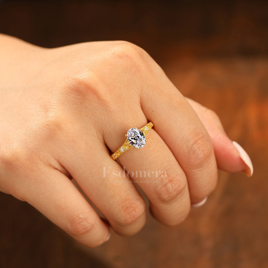 14K Oro Amarillo Anillo de Banda Ovalado con Diamante Cultivado en Laboratorio Cu Filigrana Anillo de Compromiso (Certificado IGI)