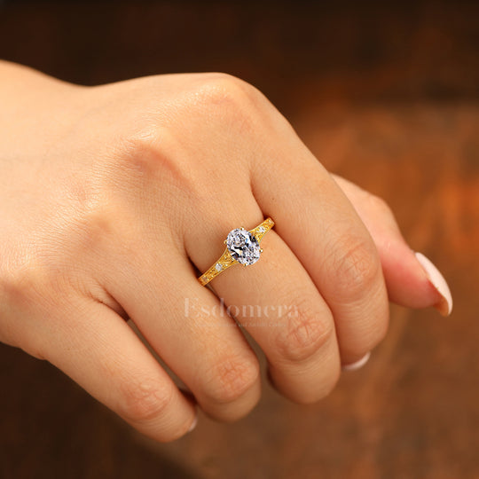 14K Oro Amarillo Anillo de Banda Ovalado con Diamante Cultivado en Laboratorio Cu Filigrana Anillo de Compromiso (Certificado IGI)