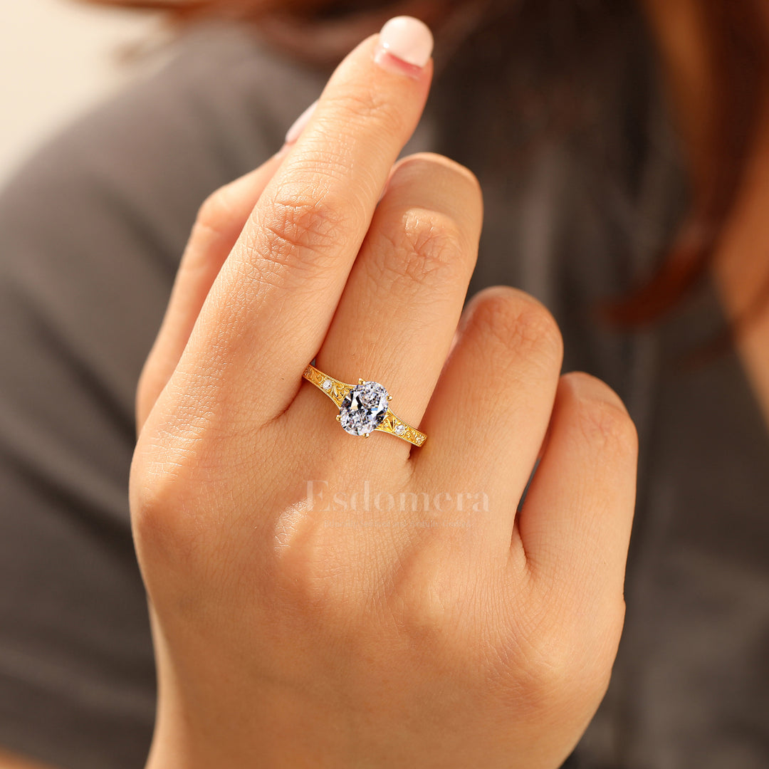 14K Oro Amarillo Anillo de Banda Ovalado con Diamante Cultivado en Laboratorio Cu Filigrana Anillo de Compromiso (Certificado IGI)