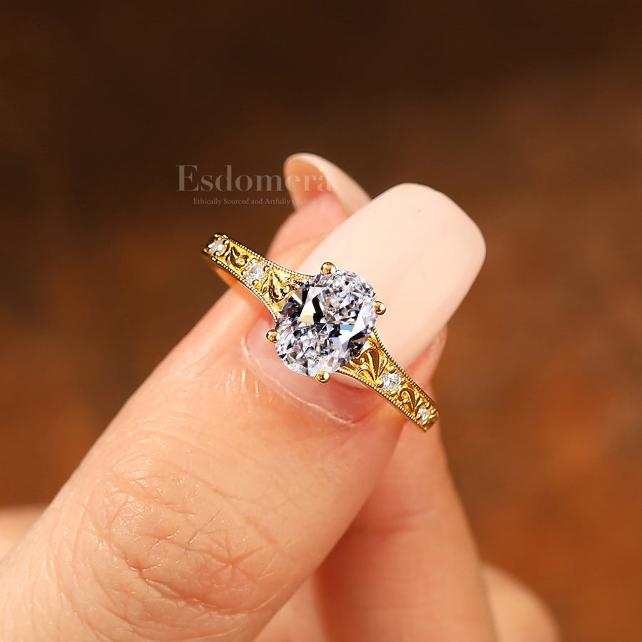 14K Yellow Gold Oval Cut Lab Grown Diamond Filigree Band Ring Engagement Ring (IGI Certified)