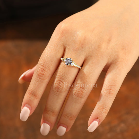 Brillante anillo de compromiso con diamante redondo cultivado en laboratorio de 1CT, grabado con diseño floral para mujer (certificado IGI)