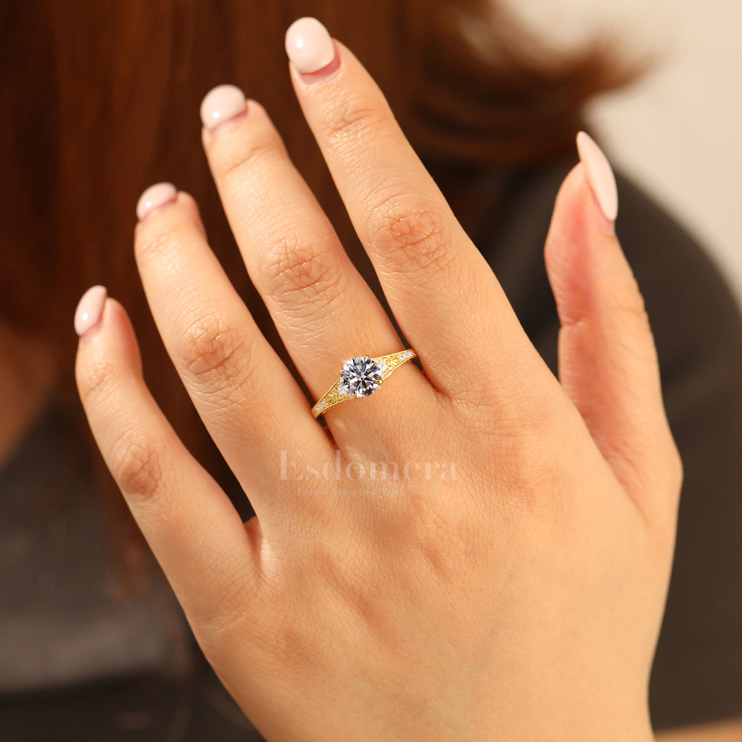 Brillante anillo de compromiso con diamante redondo cultivado en laboratorio de 1CT, grabado con diseño floral para mujer (certificado IGI)