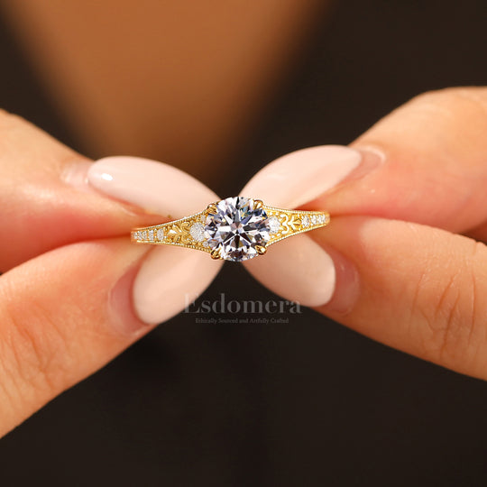 Brillante anillo de compromiso con diamante redondo cultivado en laboratorio de 1CT, grabado con diseño floral para mujer (certificado IGI)