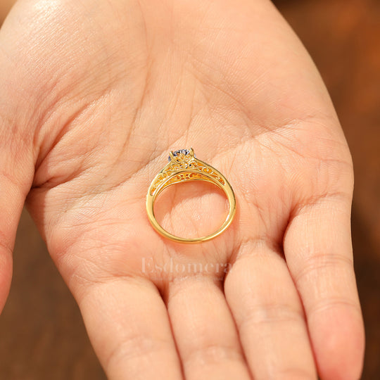 Brillante anillo de compromiso con diamante redondo cultivado en laboratorio de 1CT, grabado con diseño floral para mujer (certificado IGI)