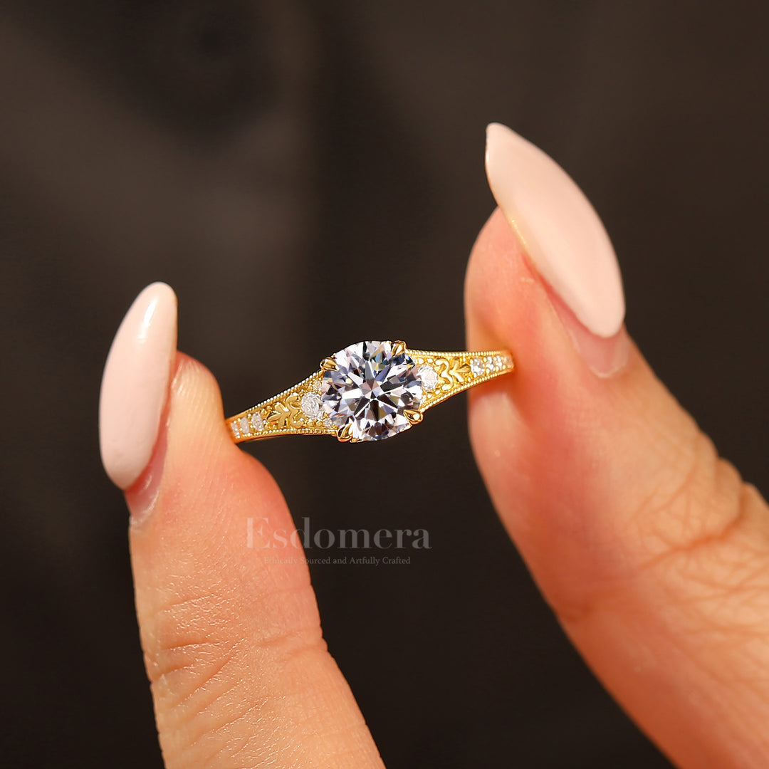 Brillante anillo de compromiso con diamante redondo cultivado en laboratorio de 1CT, grabado con diseño floral para mujer (certificado IGI)