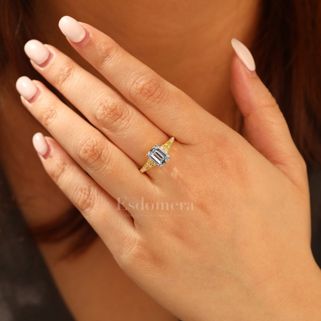 2CT Bague en or massif avec diamant synthétique taille émeraude, filigrane et milgrain pour femme (certifiée IGI)